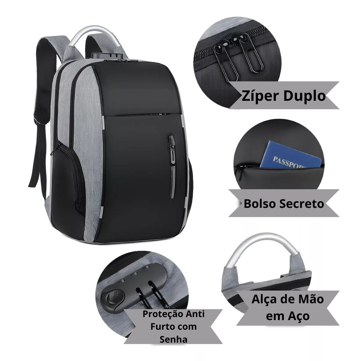 Mochila Antifurto Impermeável Cinza Usb Com Trava E Código Mochila Antifurto Impermeável Cinza Usb Com Trava E Código